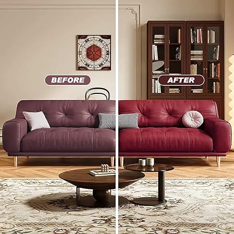 Before and after using SEISSO Leather Repair Kit on a scratched leather sofa