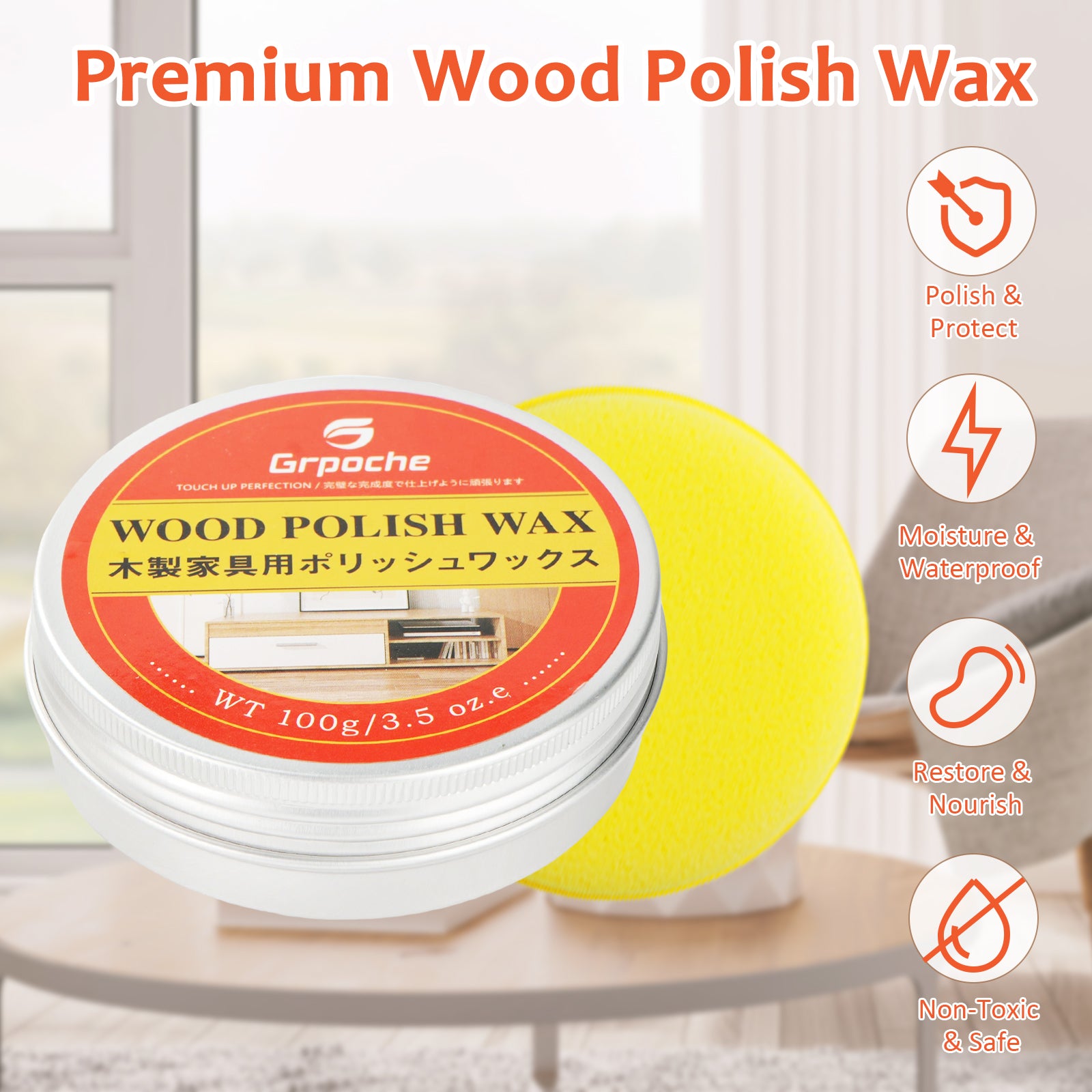 GRPOCHE Wood Wax Polish – 3.5oz Furniture Conditioner & Cleaner for Floors, Tables & Cabinets
