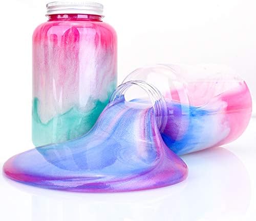 Seisso mica powder used in a gradient pink-to-blue colorful slime oozing out of a jar on white background