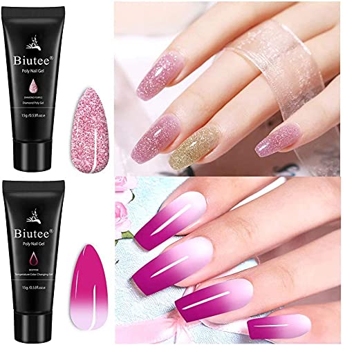 Poly Nail Extension Gel Kit – 7 Colors Builder Gel with Temperature Change, Glitter, Clear & Pink for DIY Manicure at Home