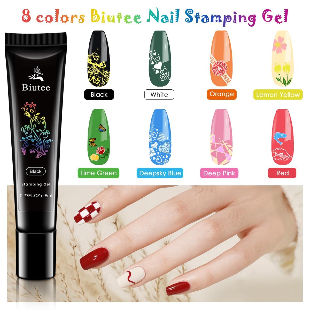 Biutee Nail Stamping Kit – 15PCS Plates, 8PCS Gel Polishes, Stamper & Scraper with Bag, Flower & Holiday Nail Art Designs