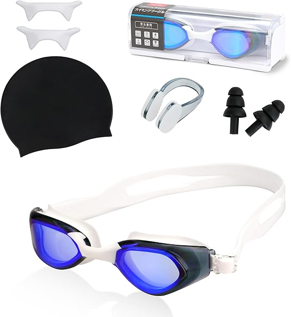 Cyfie Anti-Fog Swim Goggles Set – No Leak, UV Protection, Includes Nose Clip, Earplugs, Swim Cap & Case