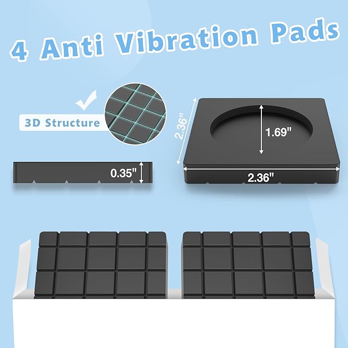 Anti Vibration Pads with dimensions and 3D structure illustration on a blue background