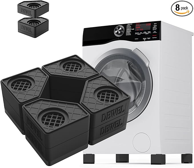 Black rubber Anti Vibration Pads with 'DEWEL' branding in front of a white dryer.
