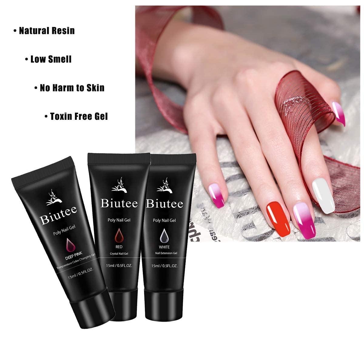 Poly Nail Extension Gel Kit – 7 Colors Builder Gel with Temperature Change, Glitter, Clear & Pink for DIY Manicure at Home