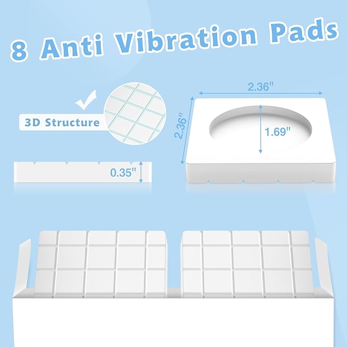 8 anti vibration pads with dimensions and 3D structure illustration on a blue background