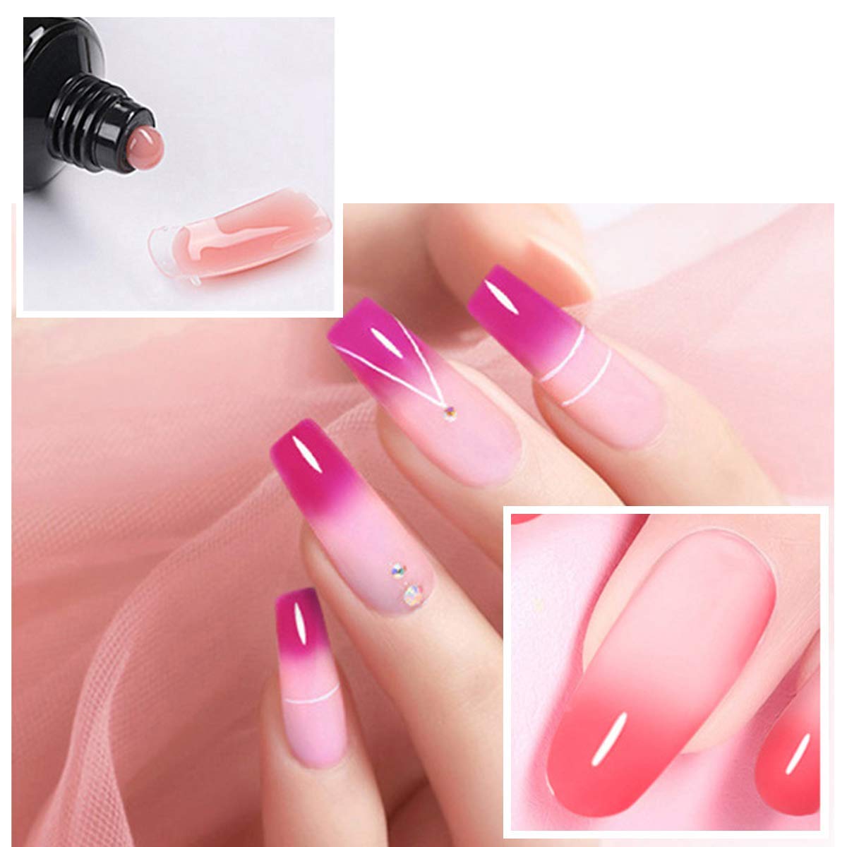 Poly Nail Extension Gel Kit – 7 Colors Builder Gel with Temperature Change, Glitter, Clear & Pink for DIY Manicure at Home