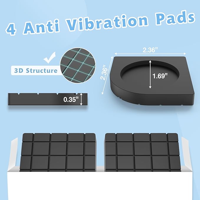Anti vibration pads with dimensions and 3D structure on a blue background