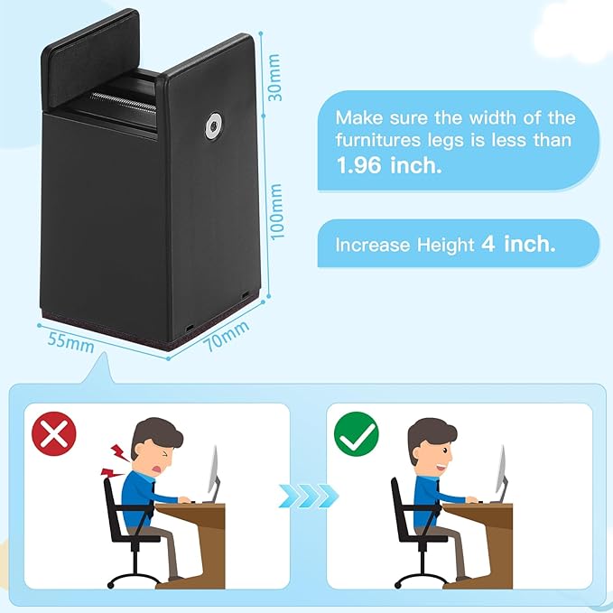 Black office chair with height and width specifications and ergonomic advice on a blue background