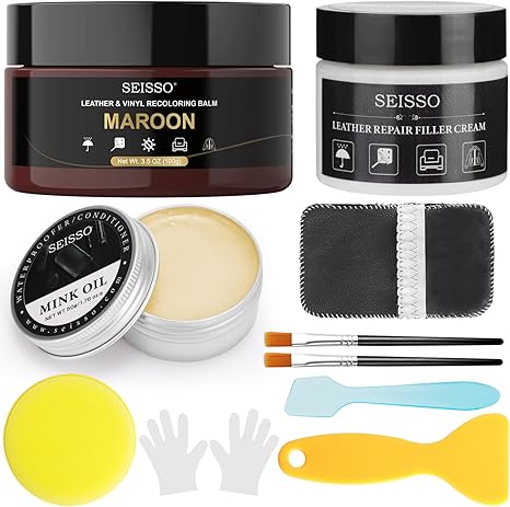 SEISSO Maroon Leather Repair Kit with Recoloring Balm & Mink Oil for Furniture, Shoes, Car Seats