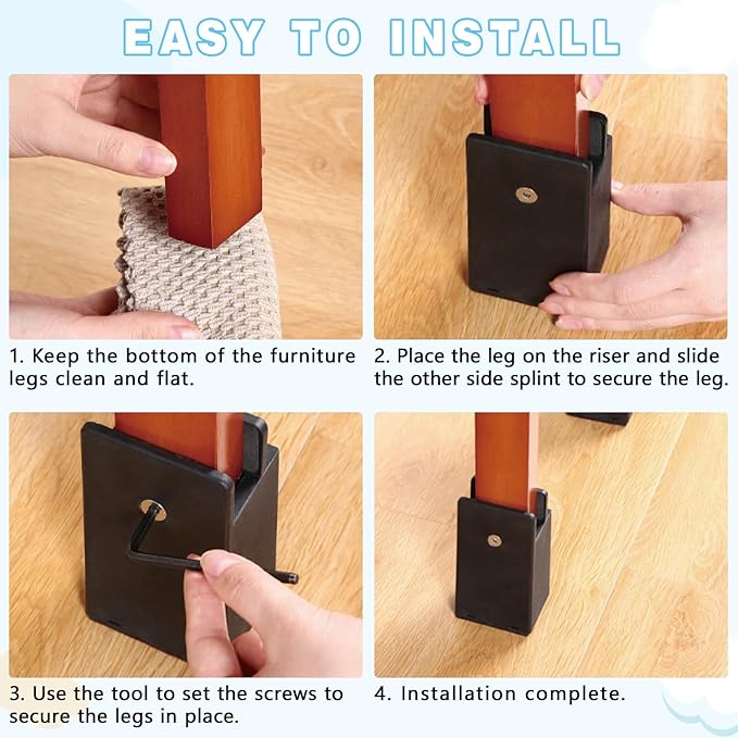 Step-by-step guide on how to install furniture legs using a heavy duty furniture risers.