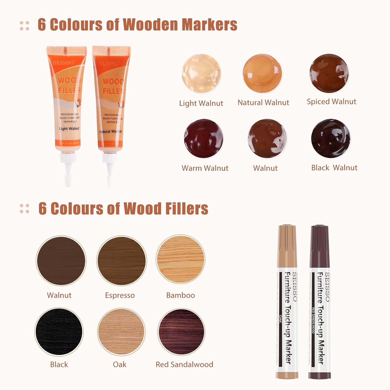 SEISSOP Wood Repair Kit – 12 PCS Fillers & Markers for Furniture Fix