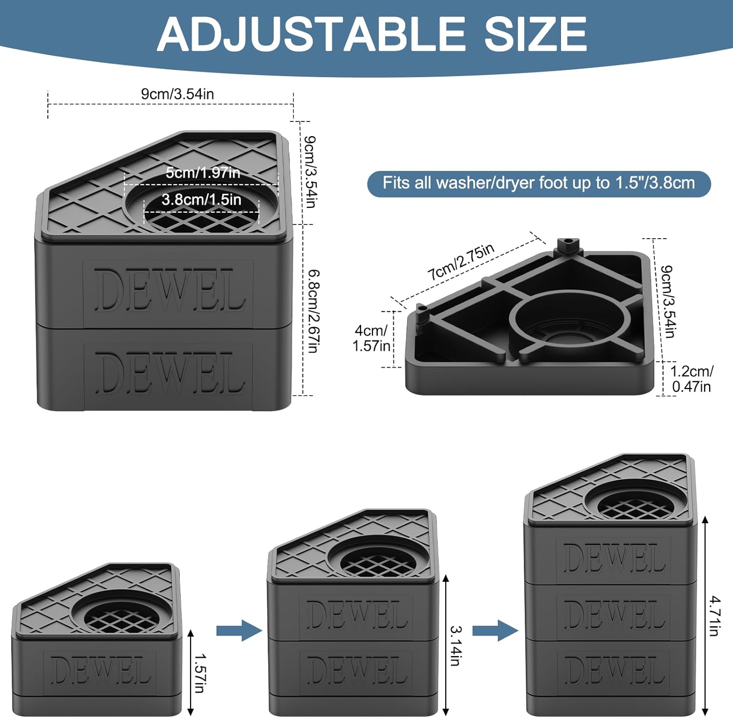 Adjustable size DEWEL Anti Vibration Pads with dimensions and fit information on a white background