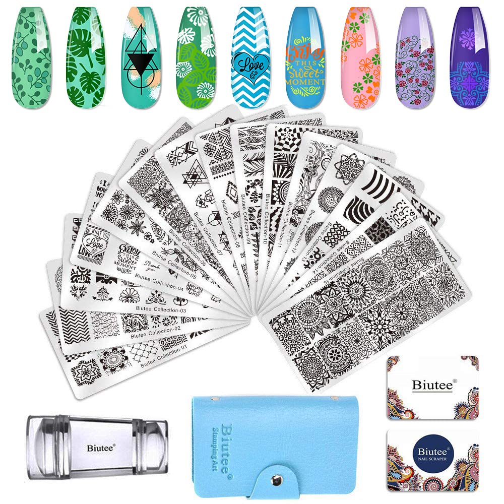 Biutee Nail Stamping Kit – 15PCS Plates, 8PCS Gel Polishes, Stamper & Scraper with Bag, Flower & Holiday Nail Art Designs