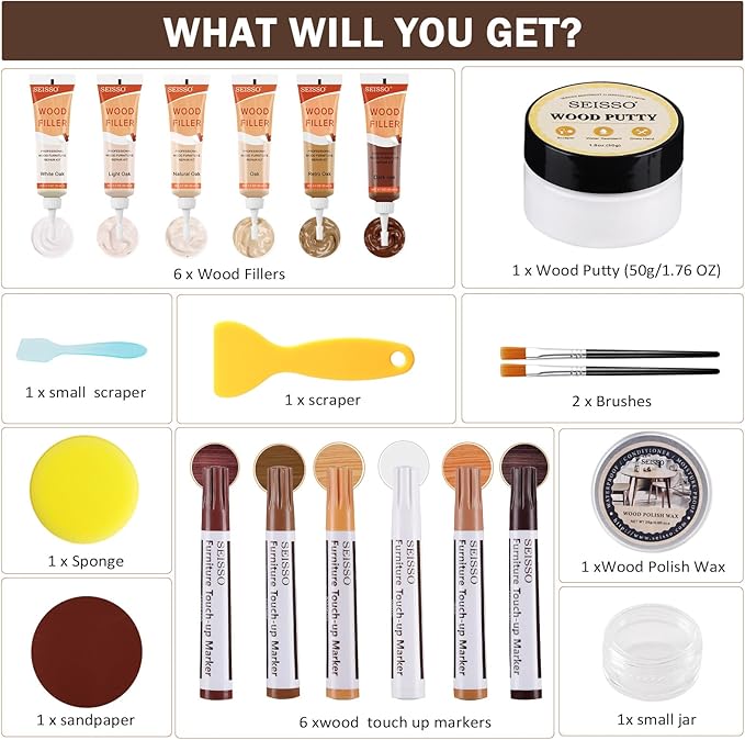 SEISSO Wood Repair Kit –6 Oak Fillers&6 Touch-Up Markers&Wood Putty&Wood Polish Wax