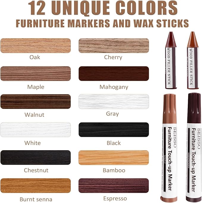 SEISSO Furniture Repair Kit 12 Colors Touch Up Markers and Wood Fillers for Scratches and Stains