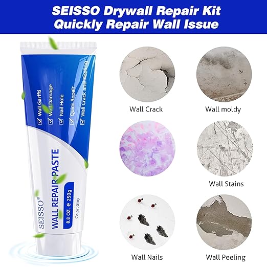 SEISSO グレー壁補修キット – スクレーパーとノズル付き 500g パテ 2個パック