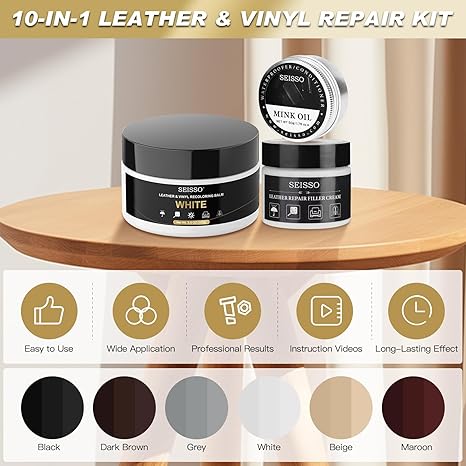 SEISSO White Leather Repair Kit with Recoloring Balm & Mink Oil for Furniture, Car Seats, Shoes & Sofa