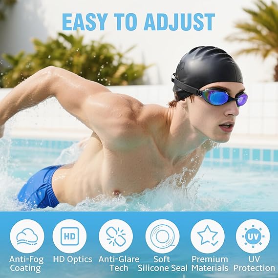 Cyfie Anti-Fog Swim Goggles Set – No Leak, UV Protection, Includes Nose Clip, Earplugs, Swim Cap & Case