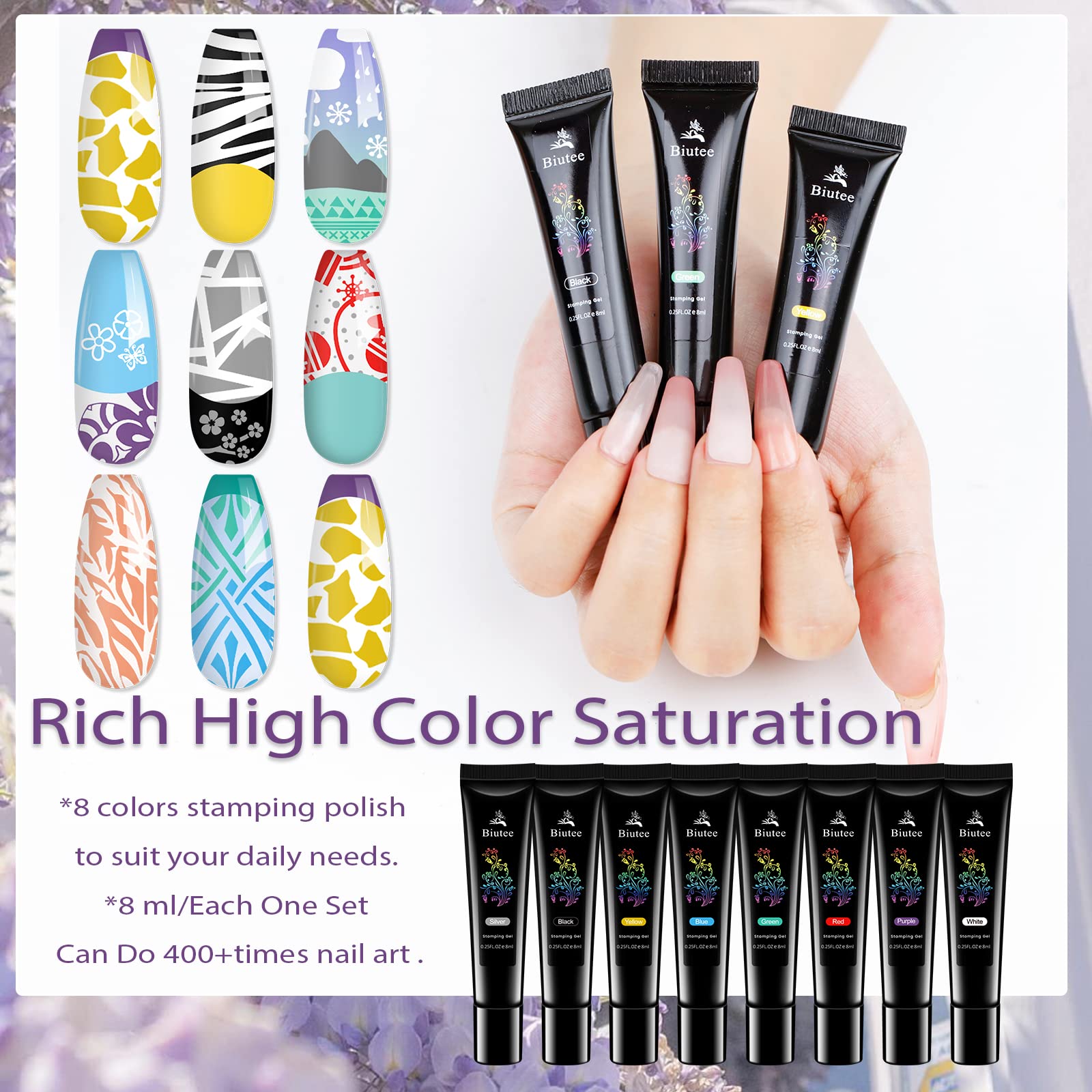 Biutee French Tip Nail Stamping Kit – 2PCS Lace Plates with Stamper & Scraper, DIY Nail Art Templates for Manicure