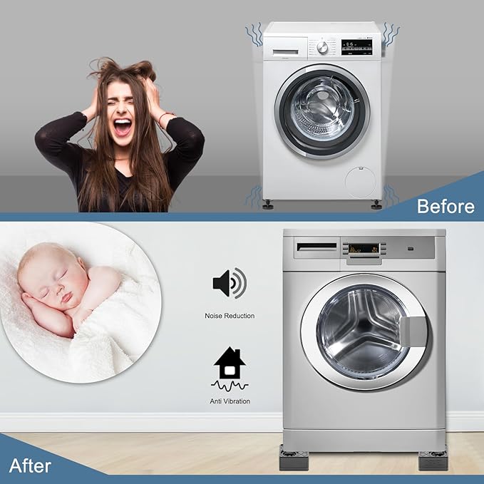 Before and after comparison of a washing machine with a woman and baby illustration.