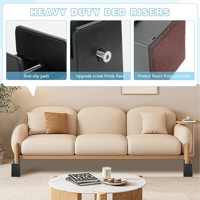 Beige sofa with heavy-duty bed risers in a living room setting, featuring anti-slip pads and upgrade screws.