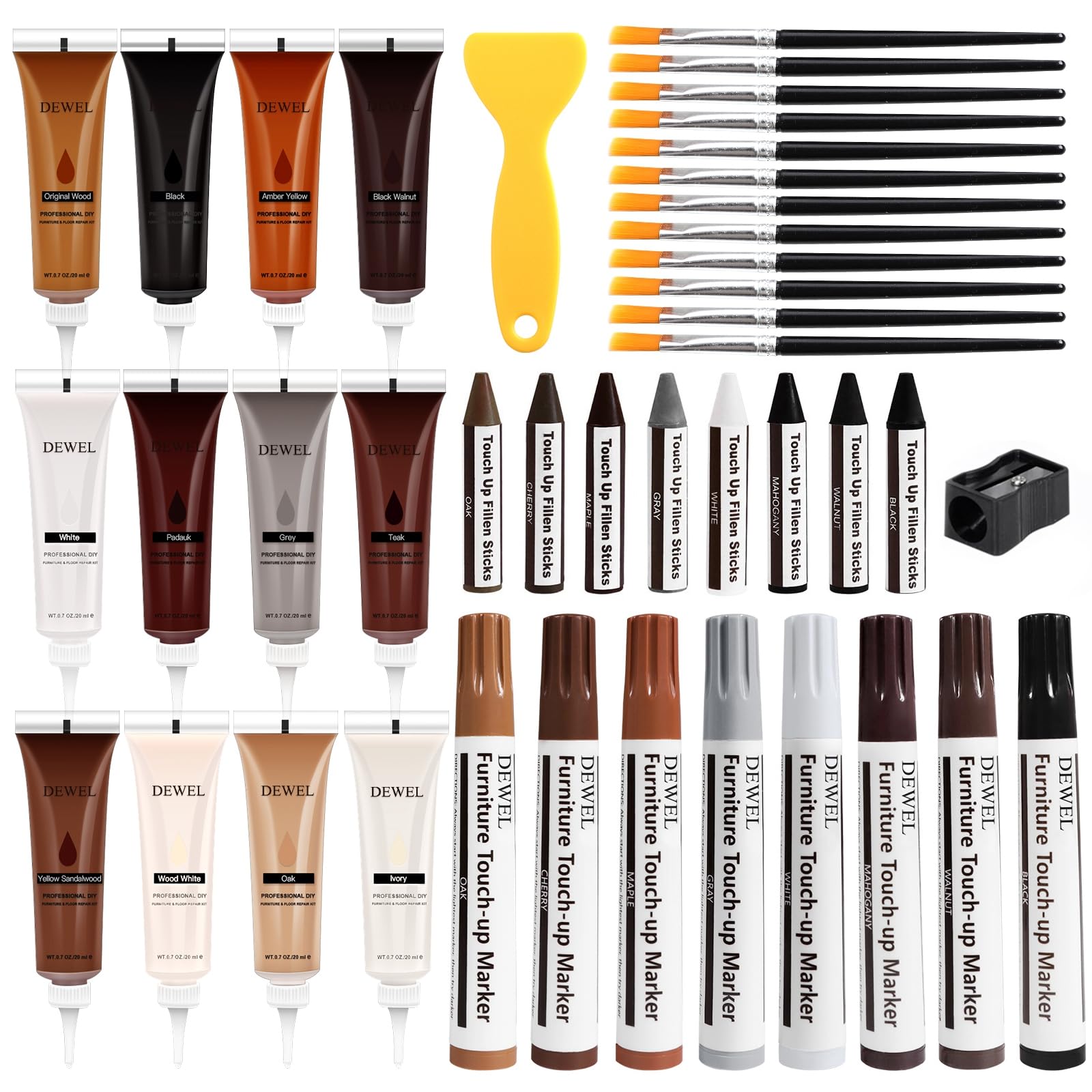 DEWEL 42PCS Wood Furniture Repair Kit – Upgrade Wood Filler, Touch Up Markers & Wax Sticks for Scratches, Cracks & Holes