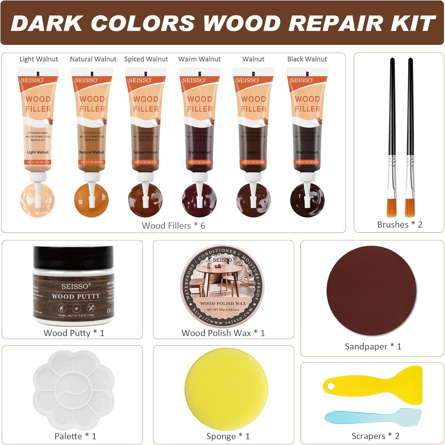 Wood Furniture Repair Kit – 6 Colors, Filler & Polish Wax for Scratches, Cracks, Stains (15Pcs, Walnut)
