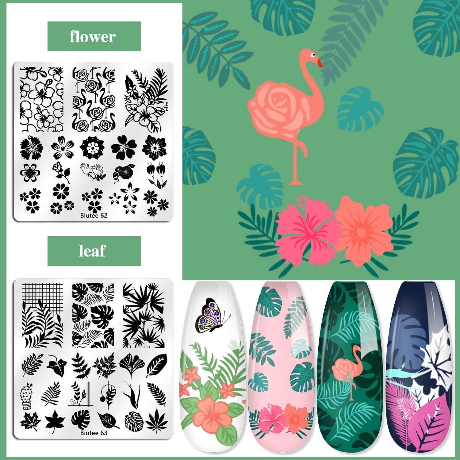 Biutee Nail Stamping Kit – 15PCS Plates, 8PCS Gel Polishes, Stamper & Scraper with Bag, Flower & Holiday Nail Art Designs