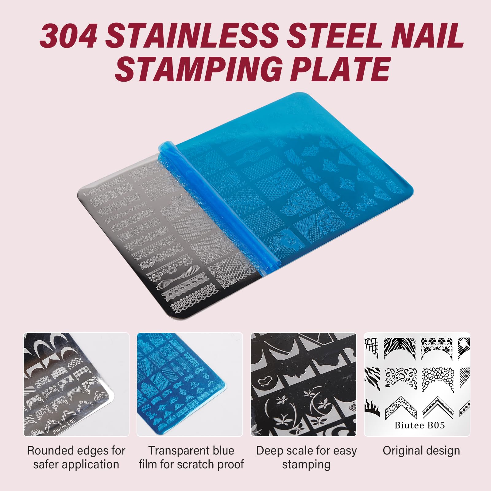Biutee French Tip Nail Stamping Kit – 2PCS Lace Plates with Stamper & Scraper, DIY Nail Art Templates for Manicure