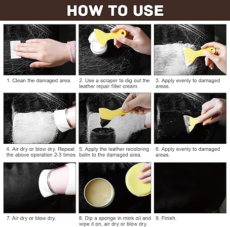 DEWEL レザーリペアキット – ブラックバーム、ミンクオイル、フィラー(ソファ、車のシート、家具など)