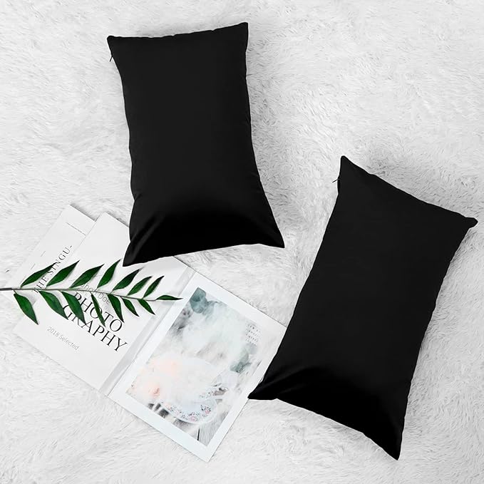 DEWEL ブラックベルベット枕カバー 2枚組 12x20インチ 装飾クッションケース