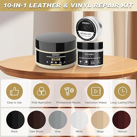 SEISSO Beige Leather Repair Kit with Mink Oil – Recoloring Balm for Furniture, Couch, Car Seat, Shoes