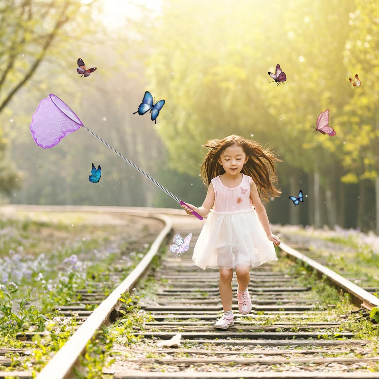 DEWEL 子供用 伸縮式 蝶・昆虫採集ネット 3個パック ポップアップメッシュケージとピンセット付き