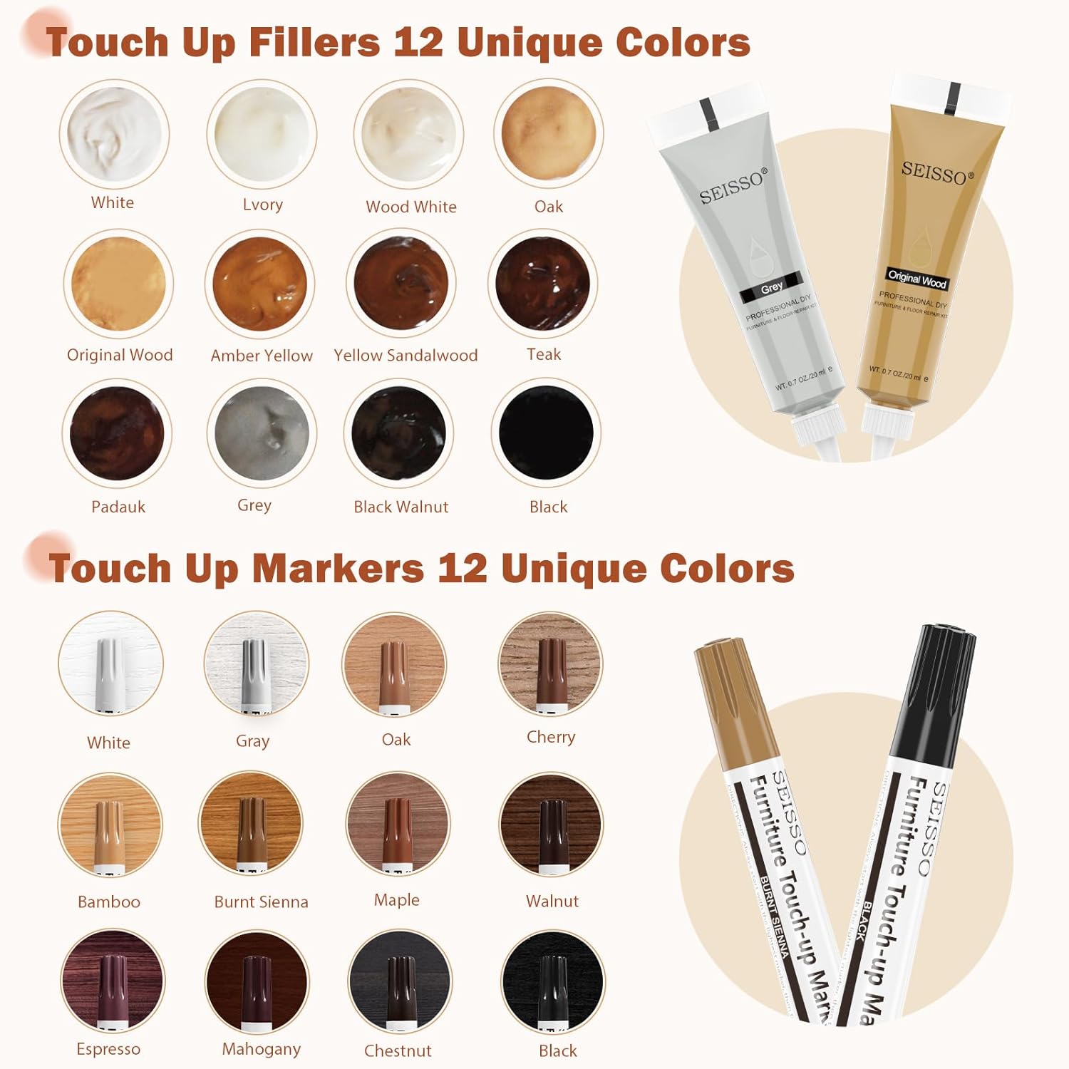 SEISSO Wood Furniture Repair Kit 39 Sets-12 Colors Wood Fillers with Fillers & Markers