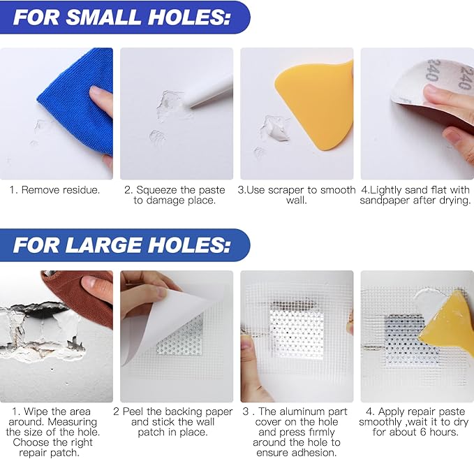 SEISSO ドライウォール補修キット – 3×100g ペースト、パッチ、スクレーパー、サンドペーパー付き
