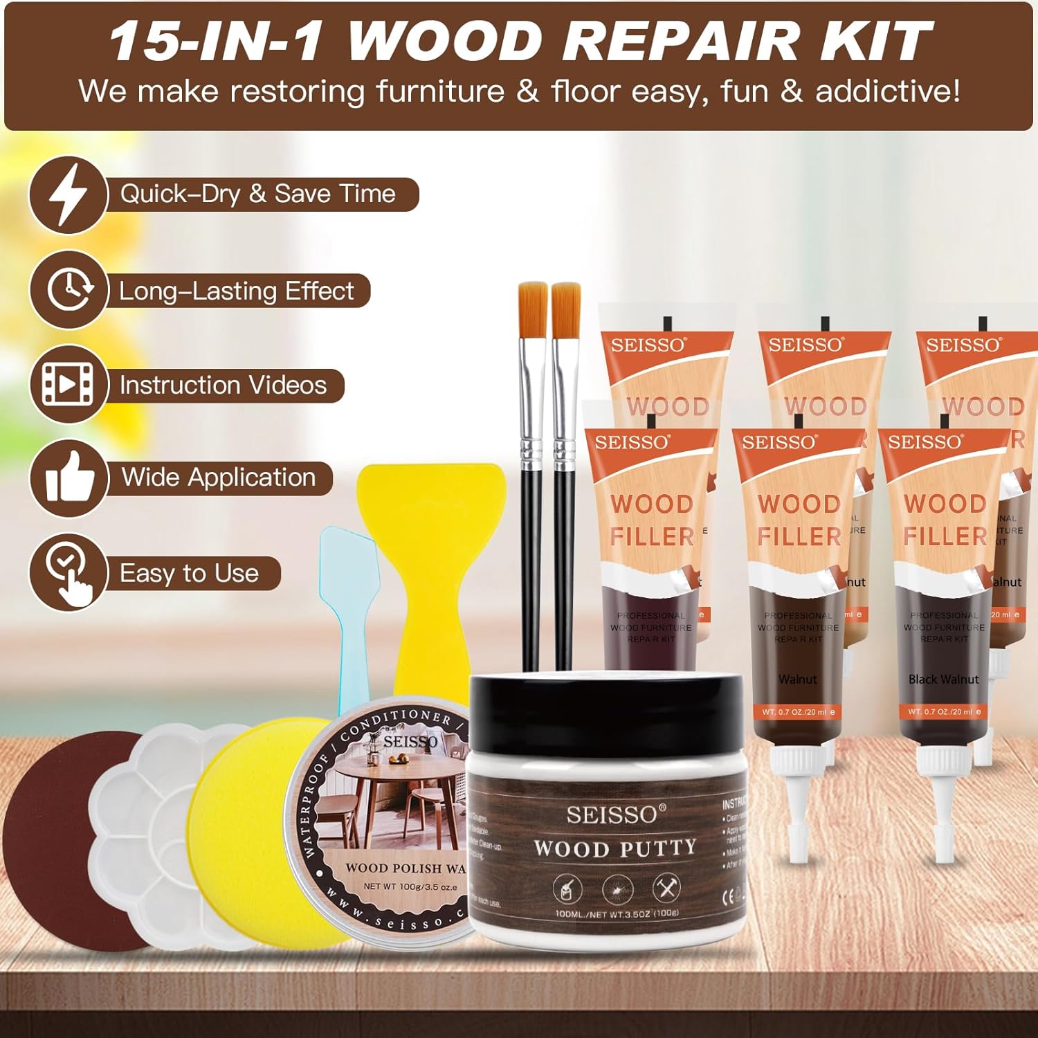 Wood Furniture Repair Kit – 6 Colors, Filler & Polish Wax for Scratches, Cracks, Stains (15Pcs, Walnut)