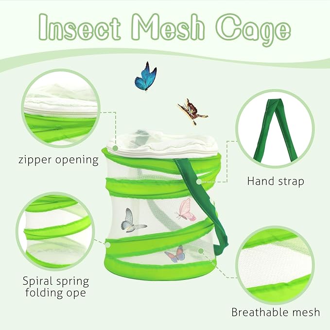 DEWEL 子供用 伸縮式 蝶・昆虫採集ネット 3個パック ポップアップメッシュケージとピンセット付き