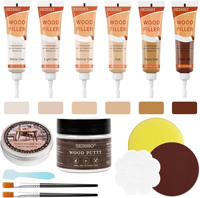 SEISSO Oak Wood Repair Kit – 6 Colors Fillers & Tools for Furniture & Floor Scratch Repair