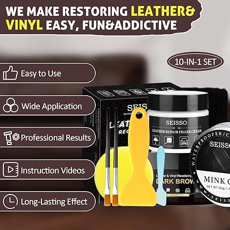 SEISSO Dark Brown Leather & Vinyl Repair Kit for Furniture & Car Seats