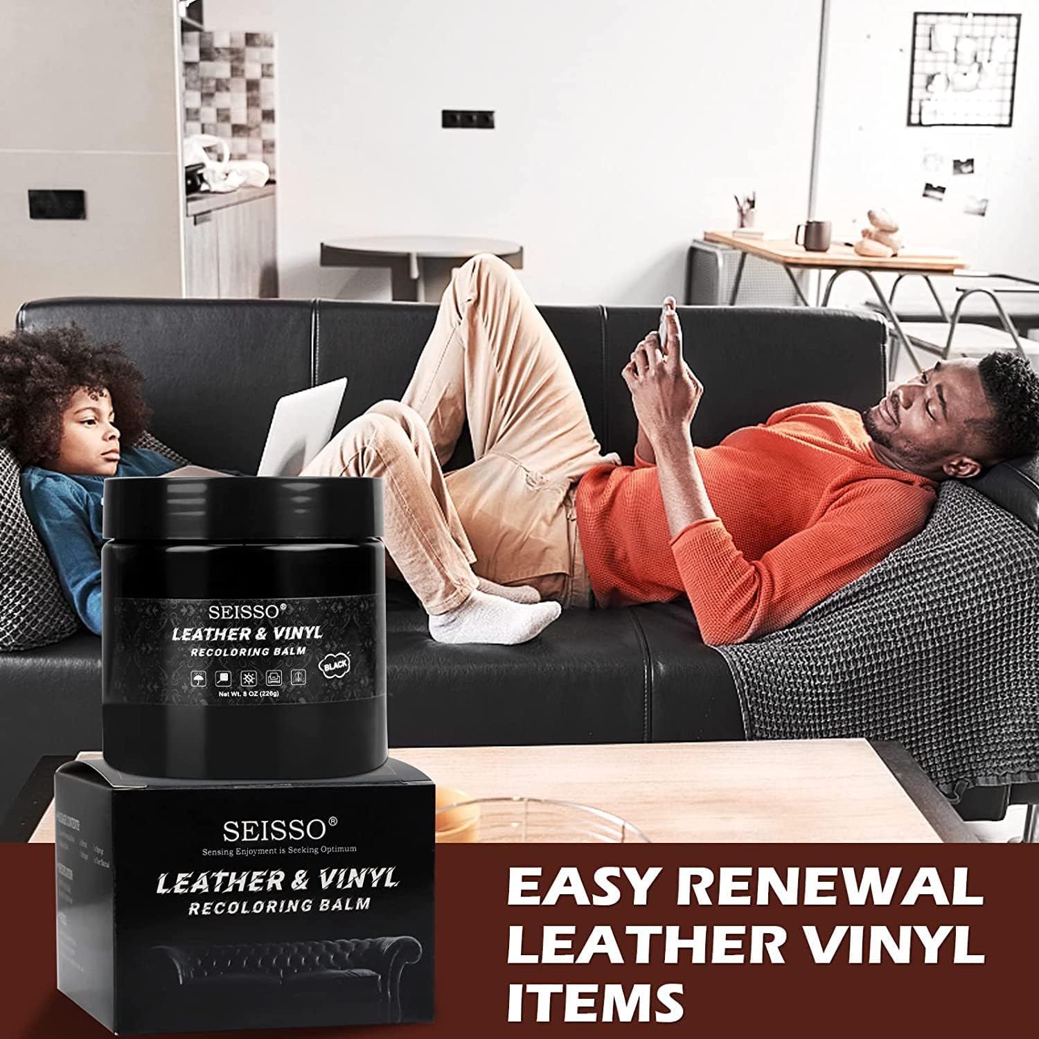 SEISSO ブラックレザーリペアキット – 家具、ソファ、車のシート、傷やひび割れの補修に使えるバーム&ダイ