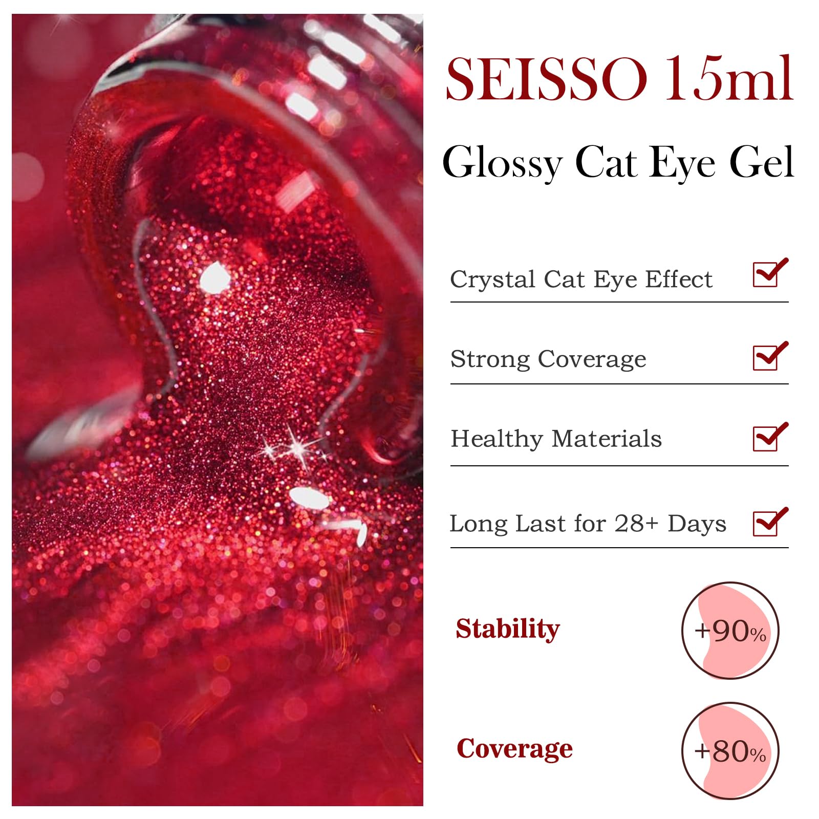 SEISSO Cat Eye Gel Nail Polish – 15ml Wine Red Magnetic UV Gel with Magnet Stick, Shimmer Soak Off Nail Kit