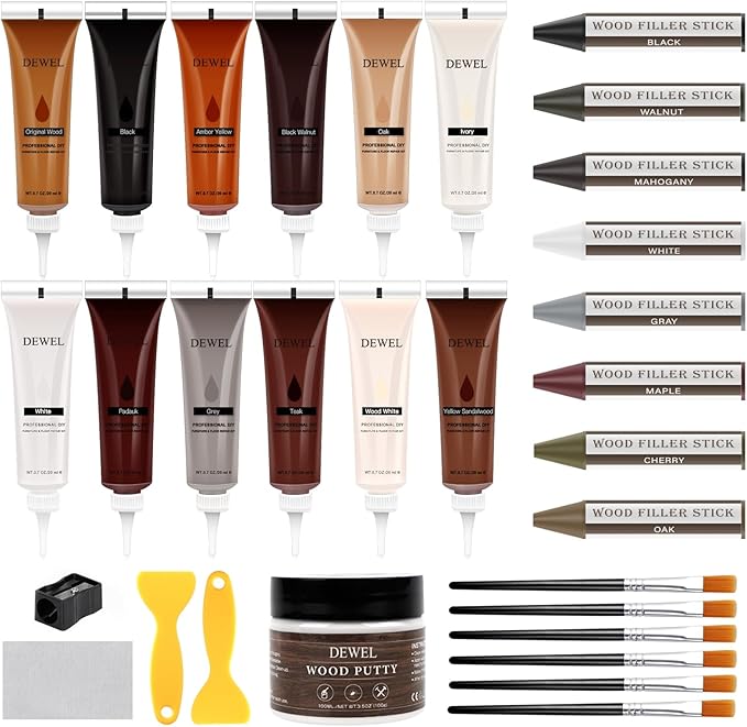 DEWEL 31 Pcs Wood Furniture Repair Kit – Fillers, Wax Sticks & Putty for Scratches