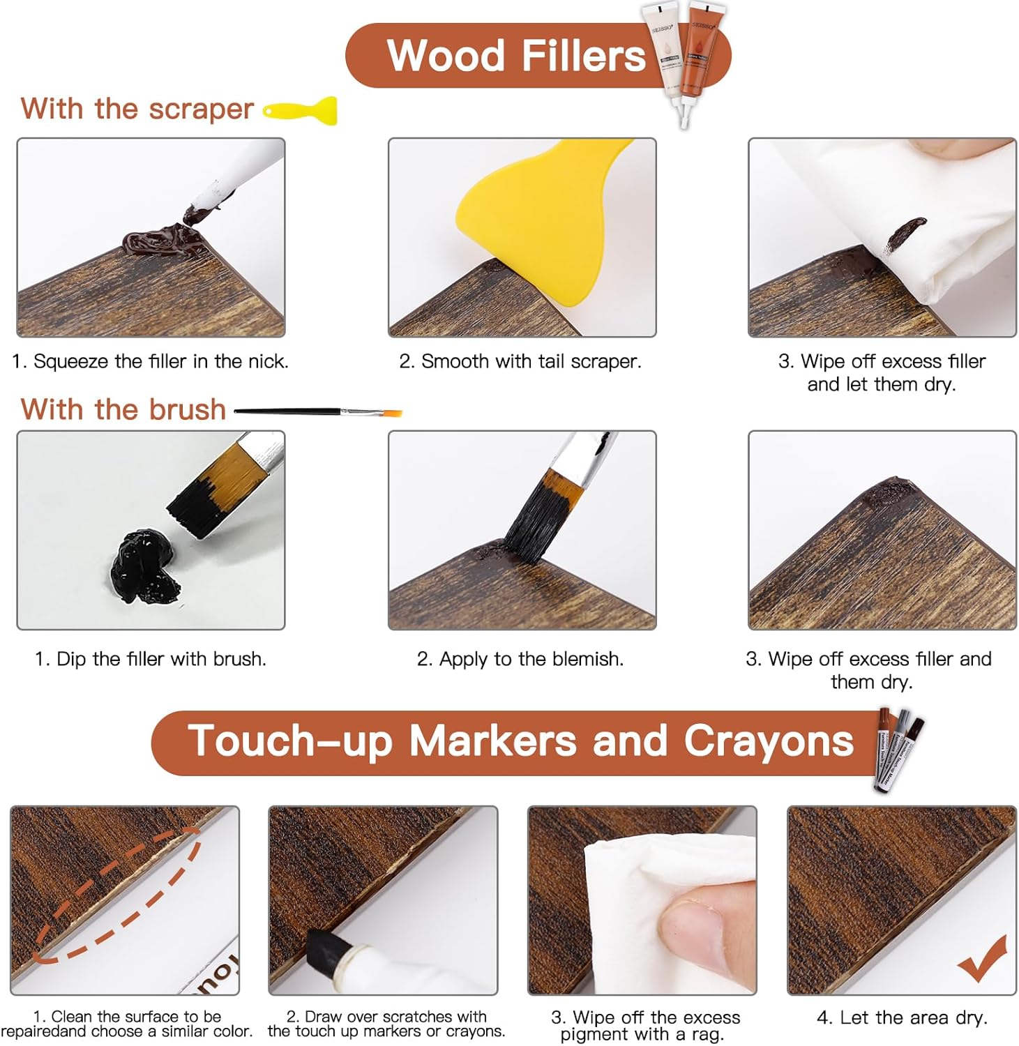 SEISSO 木製家具修理キット - 傷、ひび割れ、シミ、穴用木材フィラー&マーカー 42個