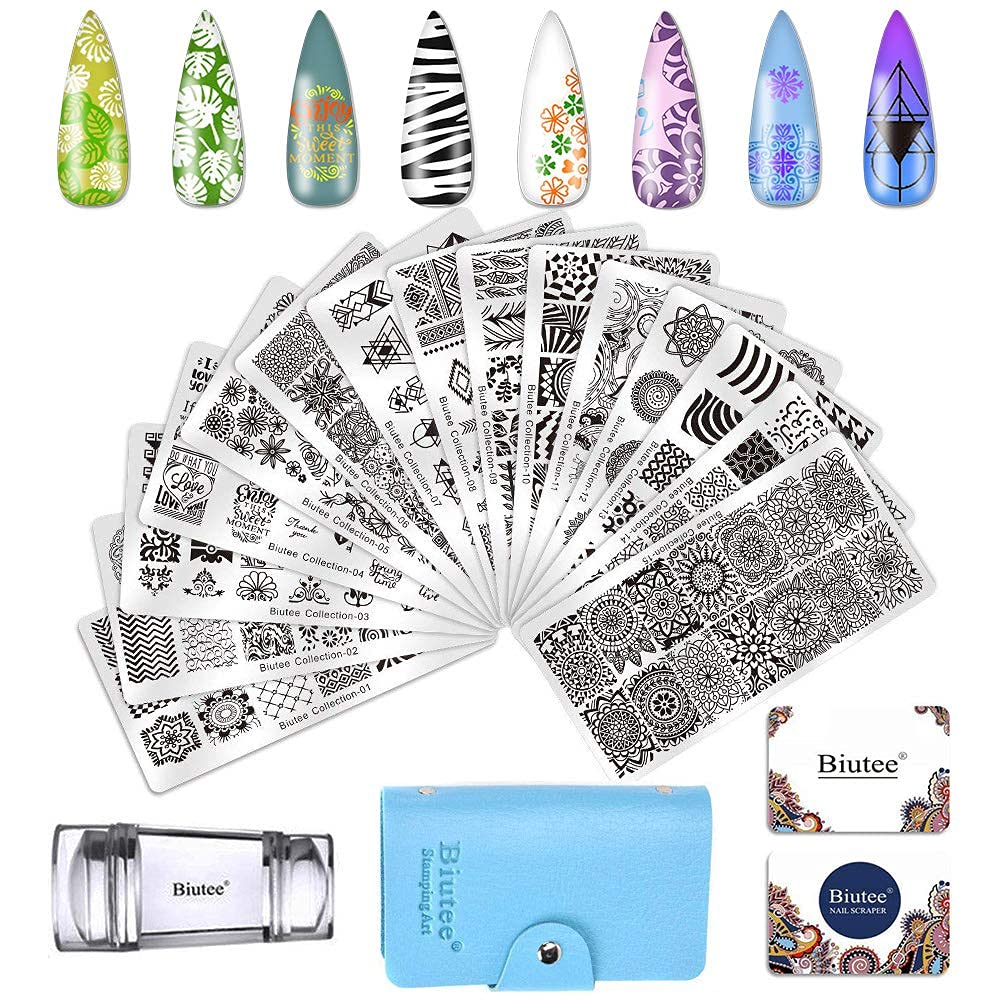 Biutee Nail Stamping Kit – 15PCS Plates, 8PCS Gel Polishes, Stamper & Scraper with Bag, Flower & Holiday Nail Art Designs