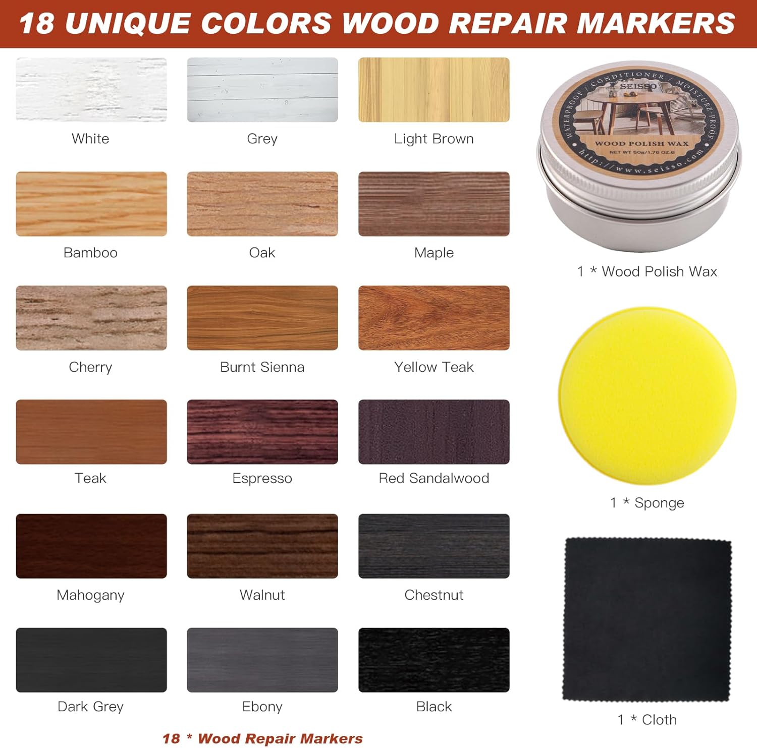 SEISSO 가구 터치업 마커 키트 – 18색 목재 수리 펜 세트