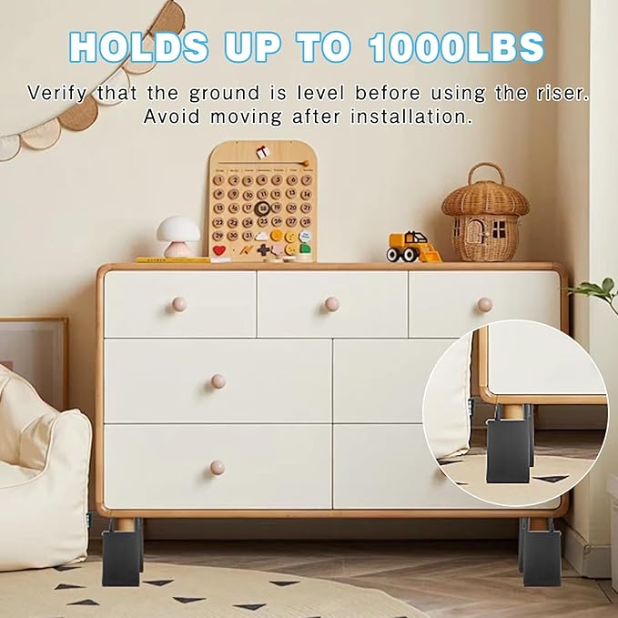White dresser with Heavy Duty Furniture Risers in a room setting, featuring text about weight capacity and installation instructions.