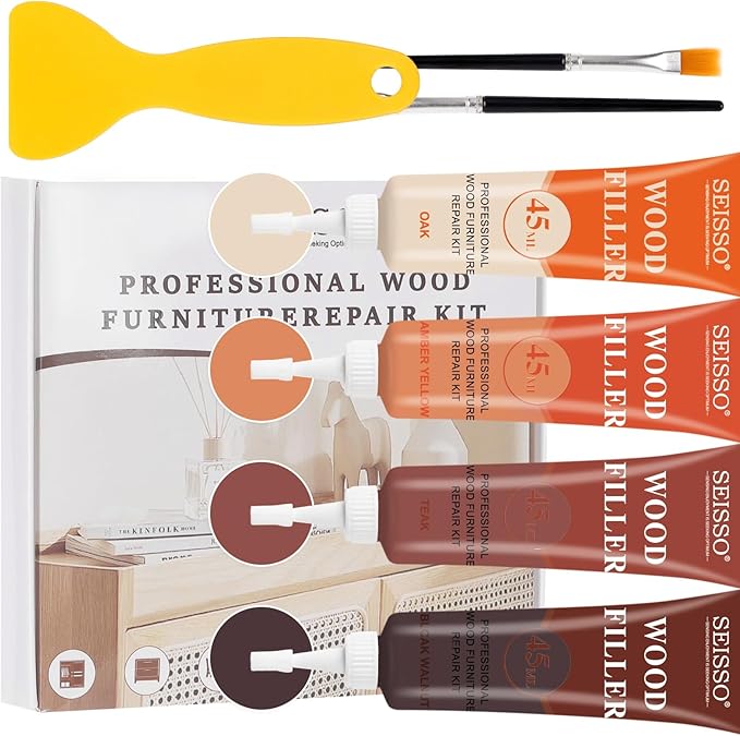 SEISSO Wood Repair Kit for Oak, Walnut & Laminate Furniture 45ml with 4 Color Fillers