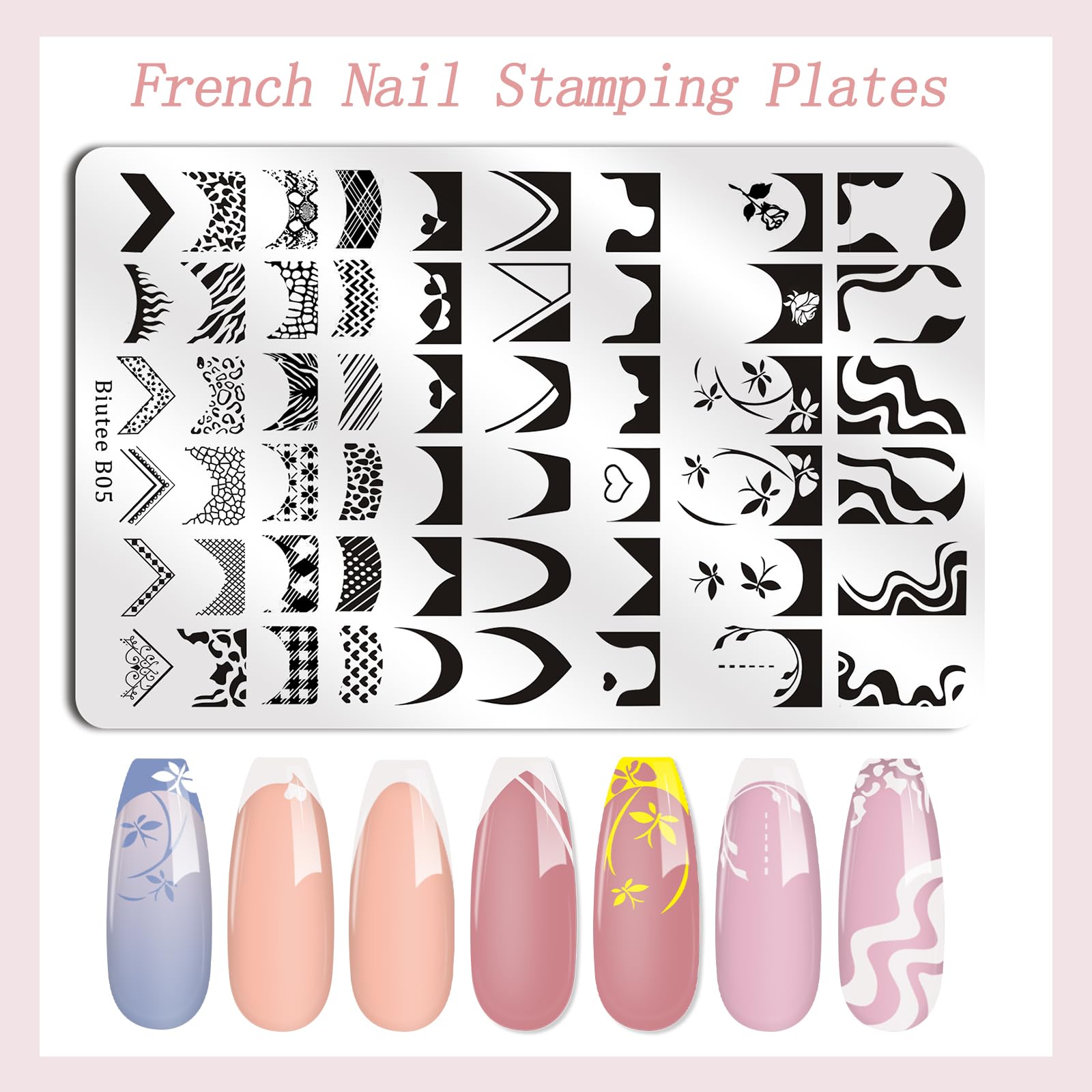 Biutee French Tip Nail Stamping Kit – 2PCS Lace Plates with Stamper & Scraper, DIY Nail Art Templates for Manicure