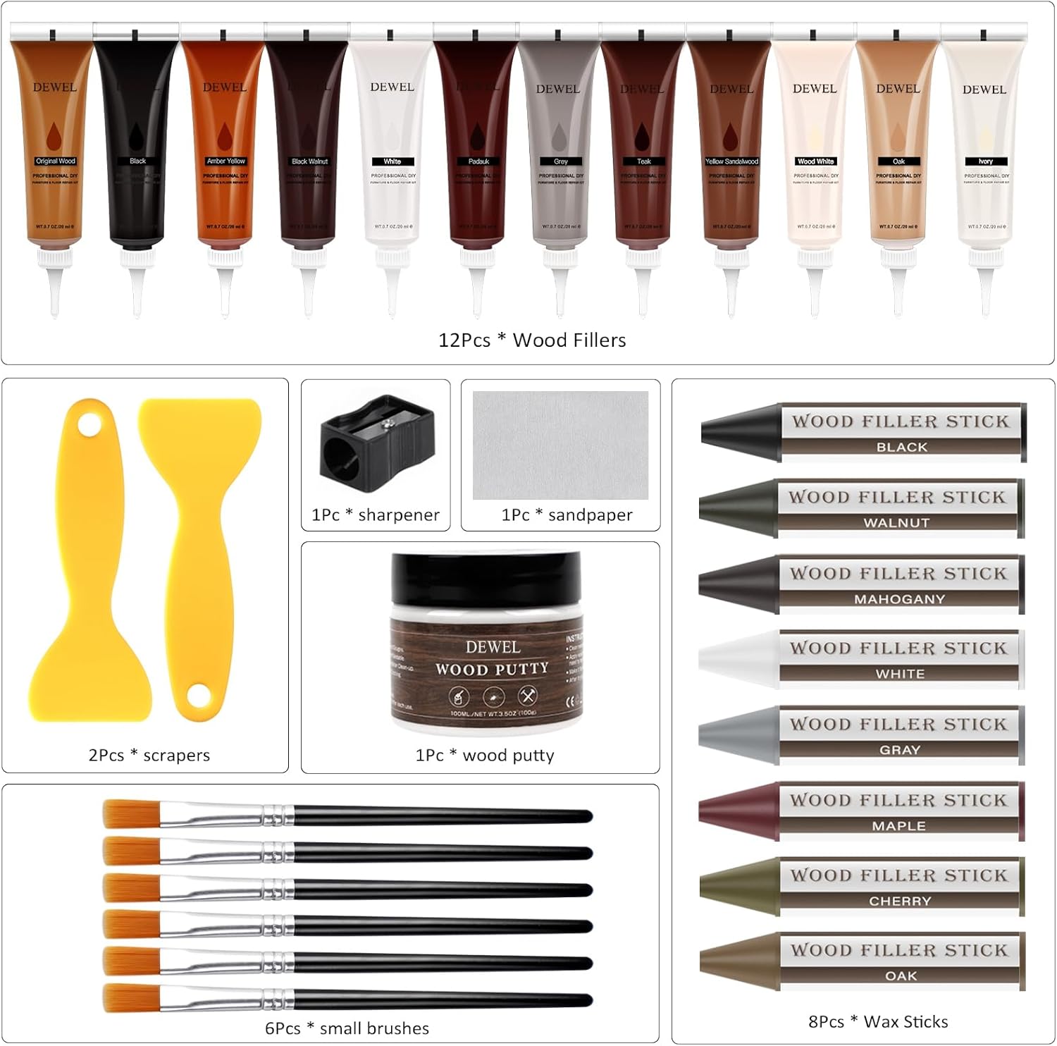 DEWEL 31 Pcs Wood Furniture Repair Kit – Fillers, Wax Sticks & Putty for Scratches